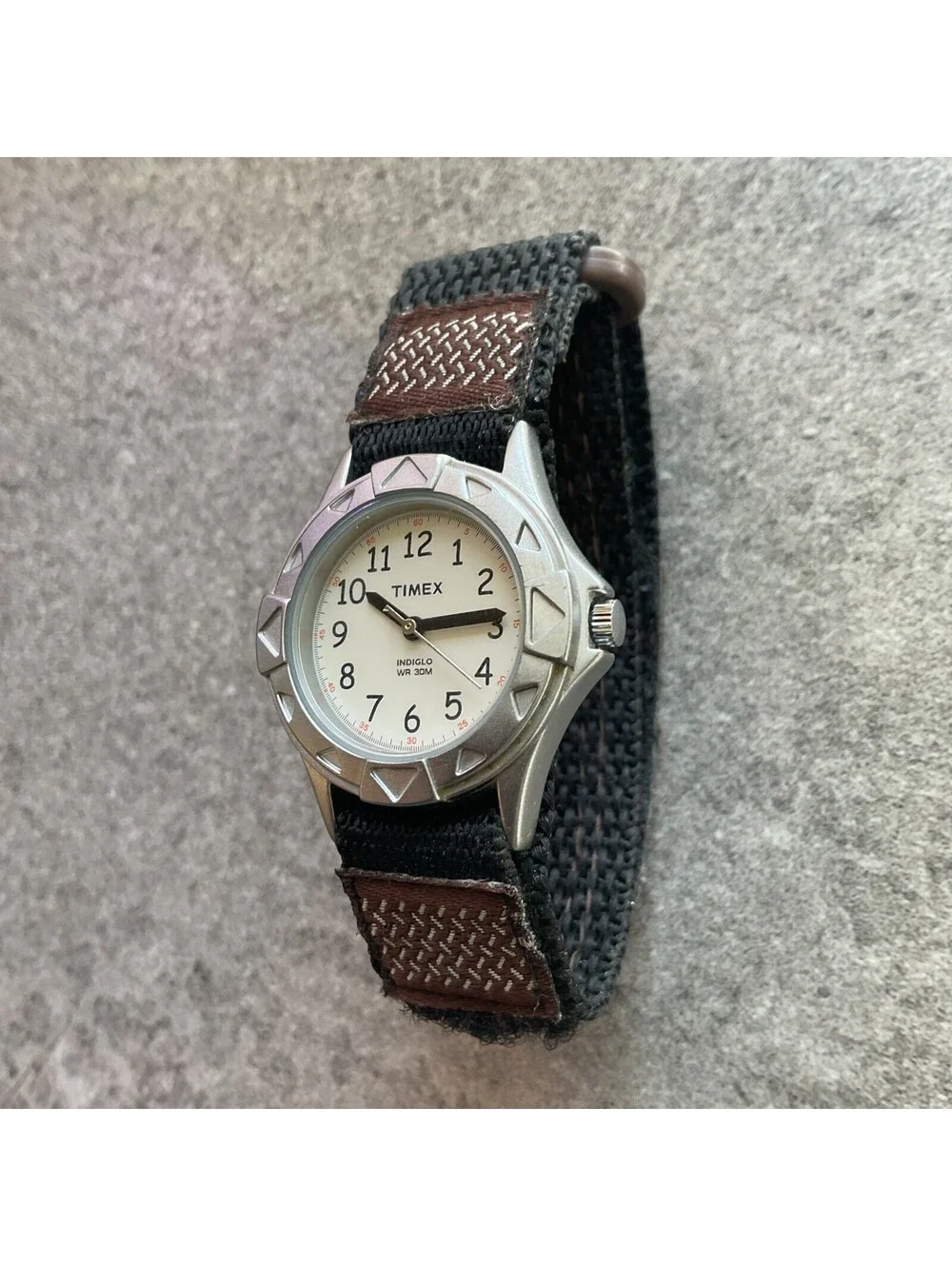 Timex Womens Watch 29mm Silver Tone Case White Indiglo Dial Nylon Band A14